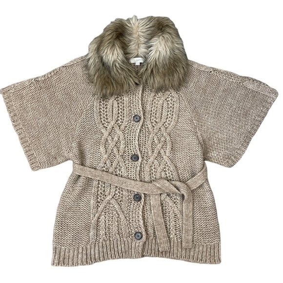 Ann Taylor Loft Wool Alpaca Belted Fur Collar Sweater Cardigan Tan Beige XS $118 - Picture 1 of 9